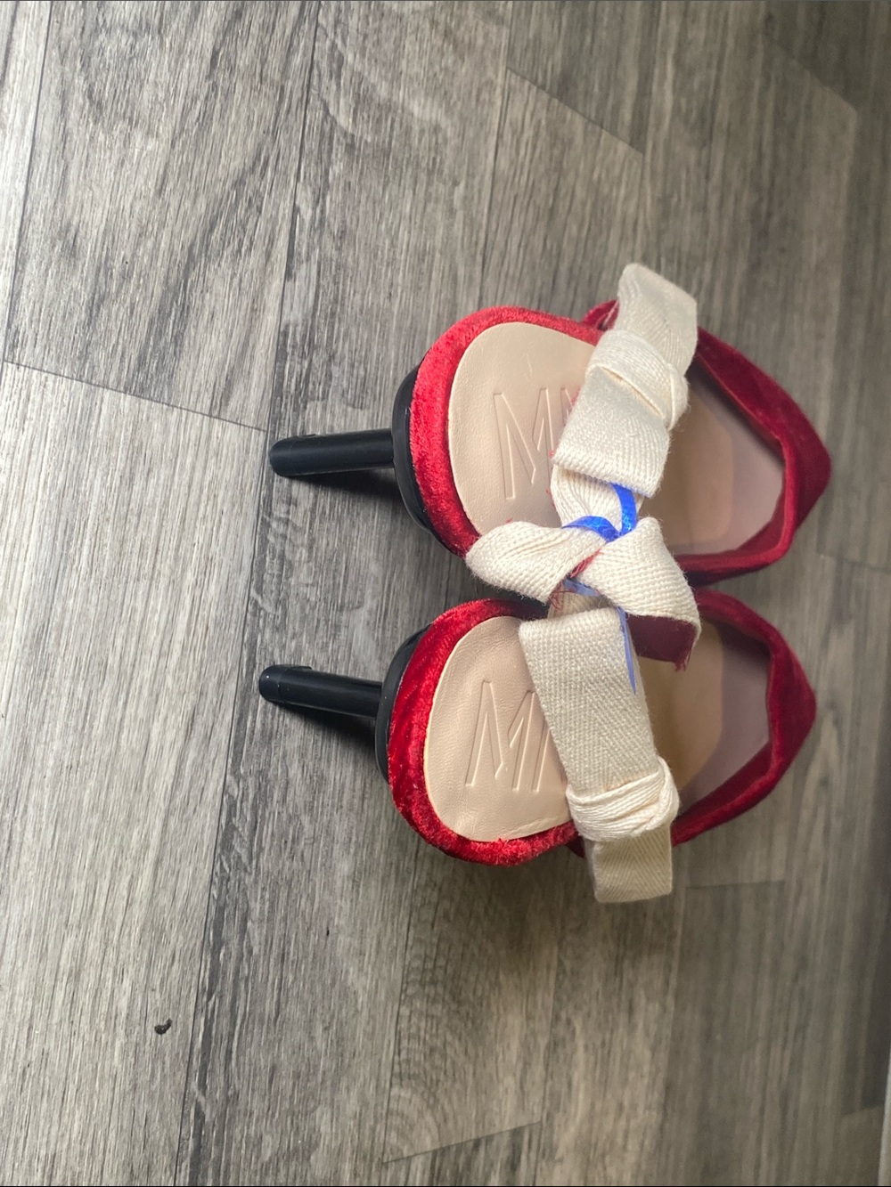 Red Velvet Pointed Slingback heels with Beige Tie Detail - Picture 5 of 6